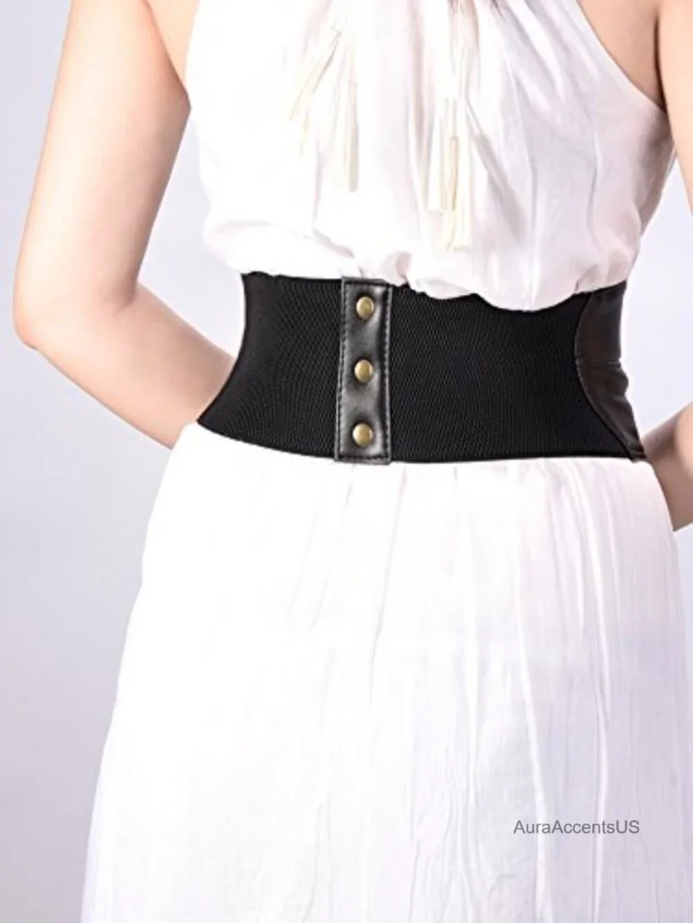 Faux Leather Spandex Corset Waist Belt with Lace and Button Closure